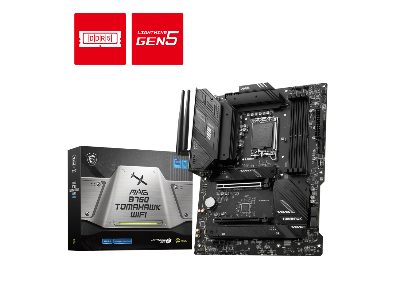 MSI MAG B760 TOMAHAWK WIFI LGA 1700 (Intel12th&13th Gen) SATA 6Gb/s ATX Motherboard (PCIe 5.0, DDR5,3xM.2 Slots,,WiFi 6,Intel 2.5Gb LAN)