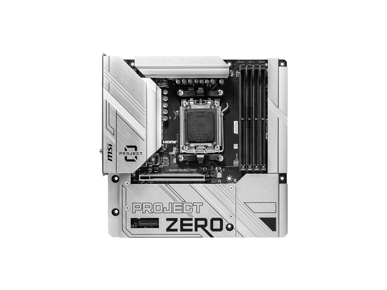 MSI B650M PROJECT ZERO AM5 AMD B650 Ryzen 7000 SATA DDR5 PCI-E x16 slot 2x M.2 Wi-Fi 6E Bluetooth 6Gb/s mATX Back Connect Design Motherboard