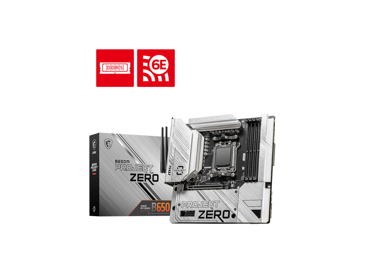 MSI B650M PROJECT ZERO AM5 AMD B650 Ryzen 7000 SATA DDR5 PCI-E x16 slot 2x M.2 Wi-Fi 6E Bluetooth 6Gb/s mATX Back Connect Design Motherboard