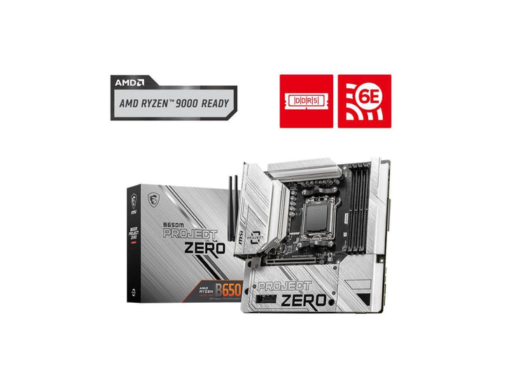 MSI B650M PROJECT ZERO AM5 AMD B650 Ryzen 7000 SATA DDR5 PCI-E x16 slot 2x M.2 Wi-Fi 6E Bluetooth 6Gb/s mATX Back Connect Design Motherboard