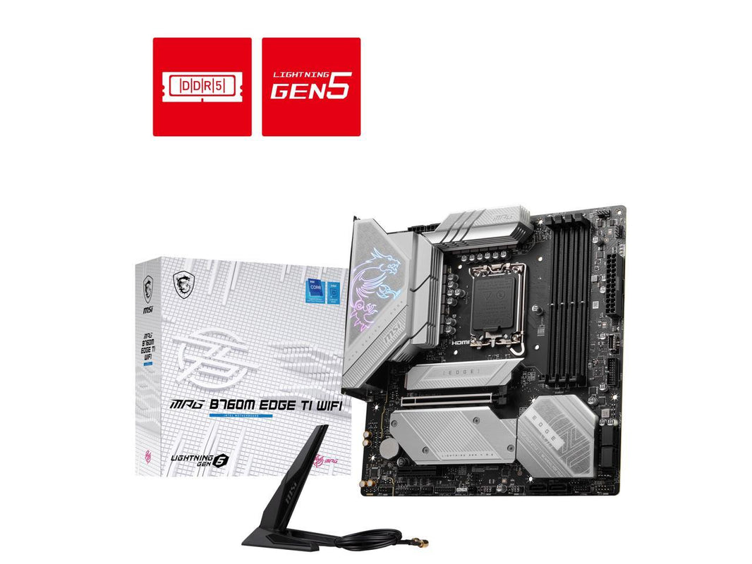 MSI MPG B760M EDGE TI WIFI LGA 1700 Intel B760 SATA 6Gb/s DDR5 Micro ATX Motherboard 14th/ 13th/ 12th Gen Processors PCI-E x16 slot 3x M.2 2.5Gbps LAN Wi-Fi 6E Supports Bluetooth