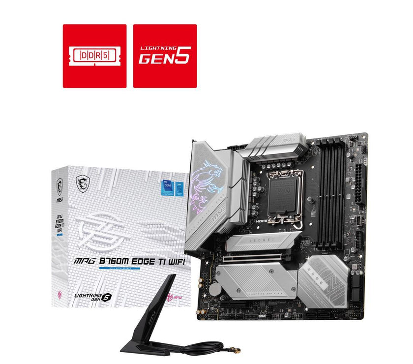 MSI MPG B760M EDGE TI WIFI LGA 1700 Intel B760 SATA 6Gb/s DDR5 Micro ATX Motherboard 14th/ 13th/ 12th Gen Processors PCI-E x16 slot 3x M.2 2.5Gbps LAN Wi-Fi 6E Supports Bluetooth