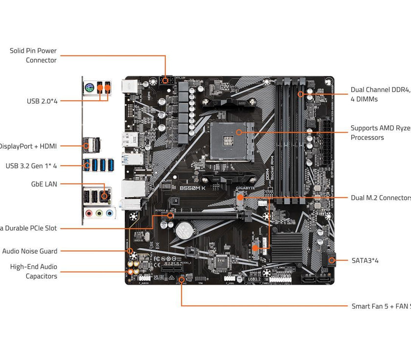 GIGABYTE B550M K AM4 AMD B550 Micro-ATX Motherboard with Dual M.2, SATA 6Gb/s, USB 3.2 Gen 1, Realtek GbE LAN, PCIe 4.0