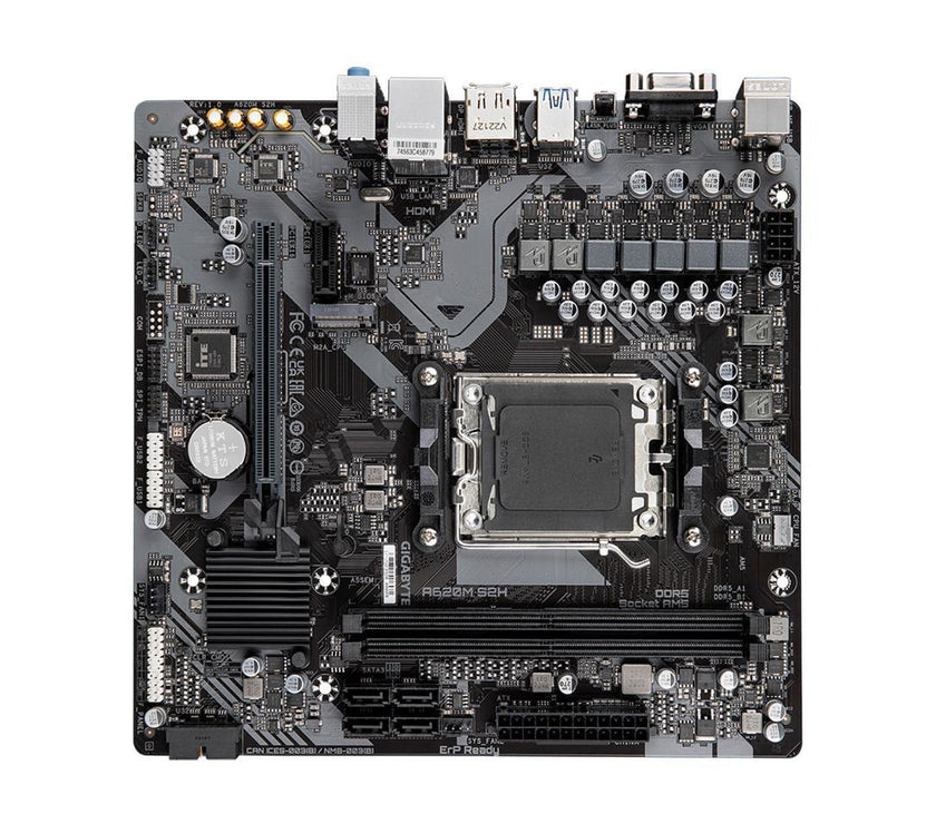 GIGABYTE A620M S2H AM5 LGA 1718 AMD A620 M-ATX Motherboard with 3-Year Warranty, DDR5, Single M.2, PCIe 4.0, USB 3.2 Gen1, Realtek 1GbE LAN, Q-Flash Plus, PCIe EZ-Latch