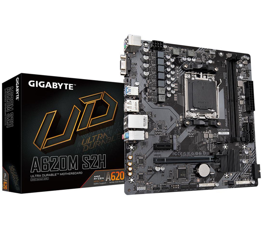 GIGABYTE A620M S2H AM5 LGA 1718 AMD A620 M-ATX Motherboard with 3-Year Warranty, DDR5, Single M.2, PCIe 4.0, USB 3.2 Gen1, Realtek 1GbE LAN, Q-Flash Plus, PCIe EZ-Latch