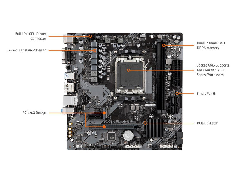 GIGABYTE A620M S2H AM5 LGA 1718 AMD A620 M-ATX Motherboard with 3-Year Warranty, DDR5, Single M.2, PCIe 4.0, USB 3.2 Gen1, Realtek 1GbE LAN, Q-Flash Plus, PCIe EZ-Latch