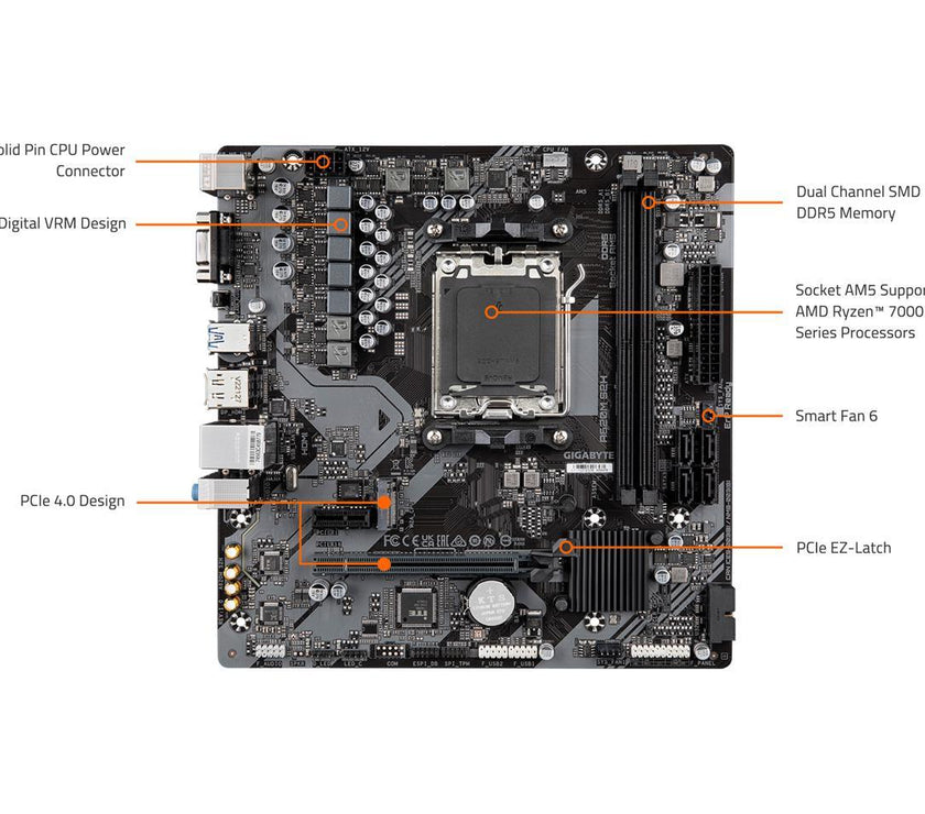 GIGABYTE A620M S2H AM5 LGA 1718 AMD A620 M-ATX Motherboard with 3-Year Warranty, DDR5, Single M.2, PCIe 4.0, USB 3.2 Gen1, Realtek 1GbE LAN, Q-Flash Plus, PCIe EZ-Latch