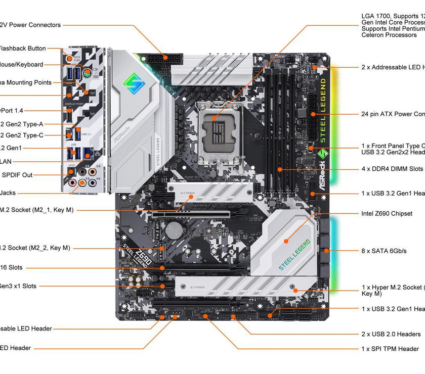 ASRock Z690 Steel Legend LGA 1700 (14th,13th,12th Gen) Intel Z690 SATA 6Gb/s DDR4 ATX Intel Motherboard