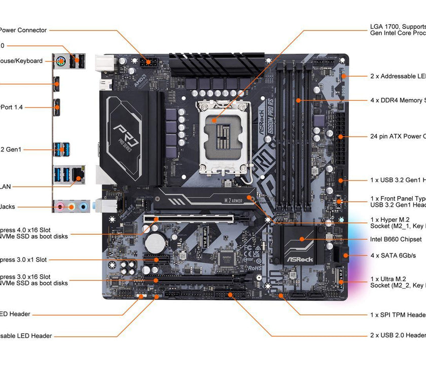 ASRock B660M PRO RS LGA 1700 Intel B660 SATA 6Gb/s DDR4 Micro ATX Motherboard