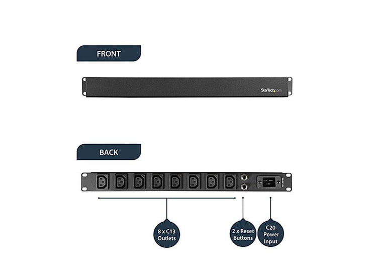 StarTech PDU08C13H 8-Port Rack-Mount PDU with C13 Outlets - 10 ft. Power Cord (NEMA5-20p) - 16 A - Server Rack Power Distribution Unit - 1U