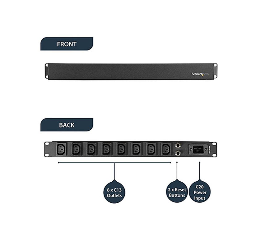 StarTech PDU08C13H 8-Port Rack-Mount PDU with C13 Outlets - 10 ft. Power Cord (NEMA5-20p) - 16 A - Server Rack Power Distribution Unit - 1U