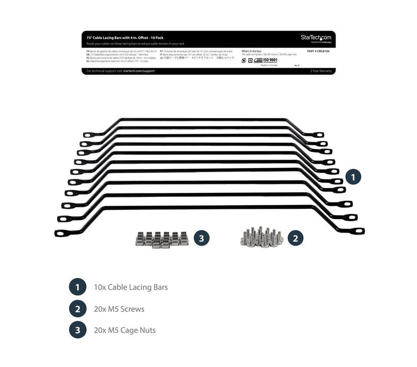 StarTech.com Cable Lacing Bar - 10 Pack - Steel - Horizontal Cable Management Bar -  Rack Cable Organizer - Cable Lacing Tool