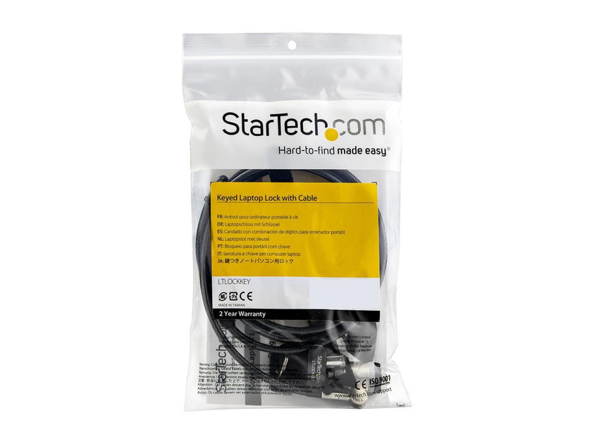 StarTech.com LTLOCKKEY Keyed Cable Lock - Push-to-Lock Button - 2m (6.5') Steel Cable - Locking Cable for Laptop - Computer Security Cable Lock