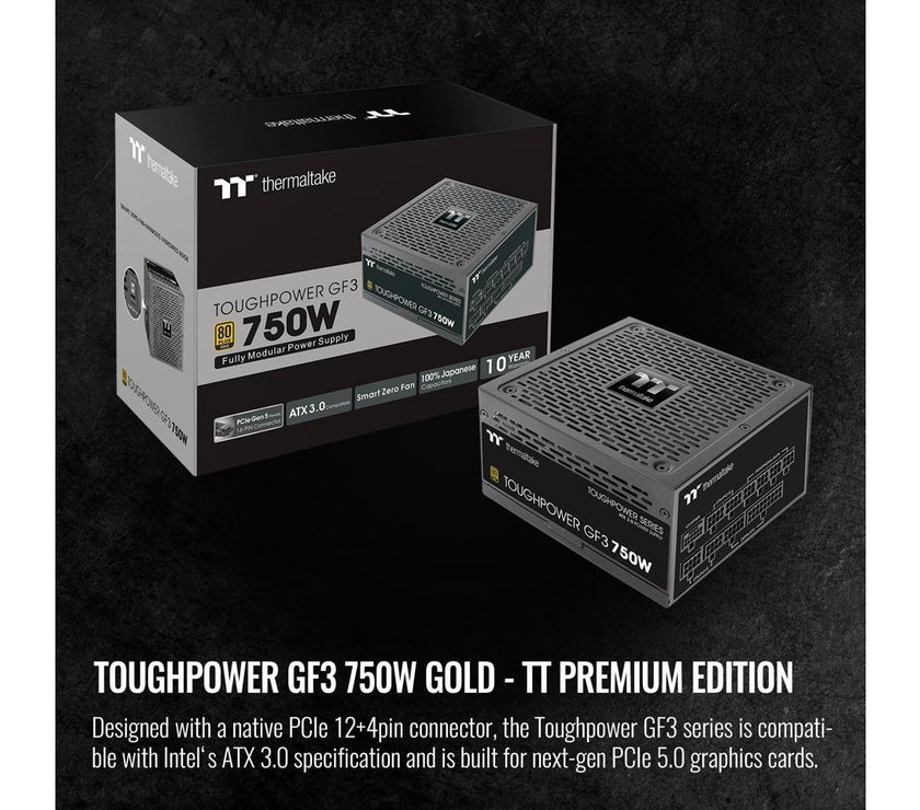 Thermaltake Toughpower GF3 750W, True 300W 12VHPWR Connectors on PSU & NVIDIA RTX 40 series, ATX 3.0/PCI-E 5.0 Ready, 80+ Gold, SLI/Crossfire Ready Power Supply, PS-TPD-0750FNFAGU-4, 10 Year Warranty