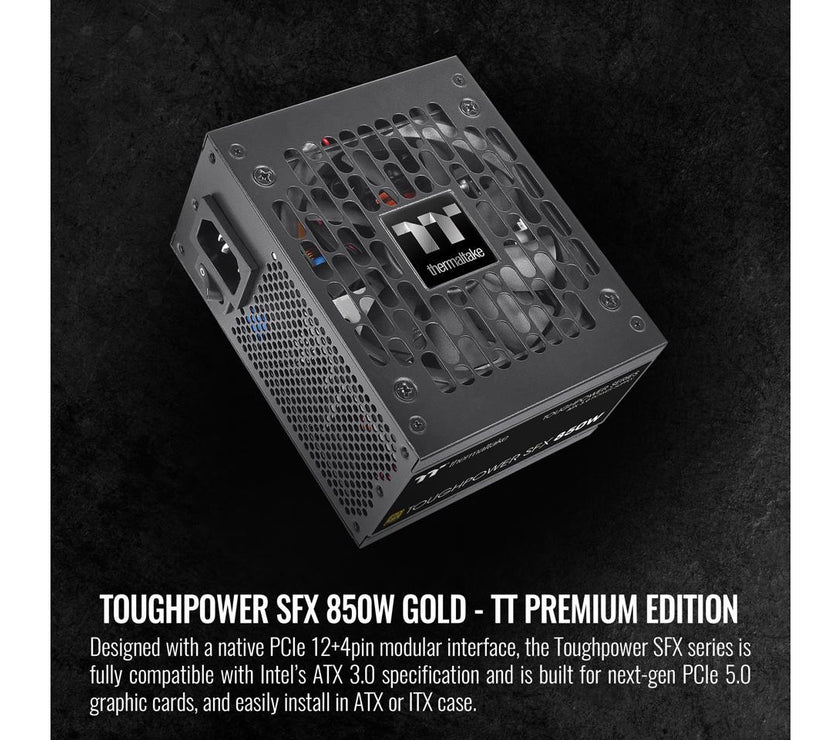 Thermaltake Toughpower SFX 850W 80+ Gold Full Modular SLI/Crossfire Ready (Compatible with ATX 3.0 Standard) Power Supply, PCIe Gen.5 450W 12VHPWR Connector Included, PS-STP-0850FNFAGU-1