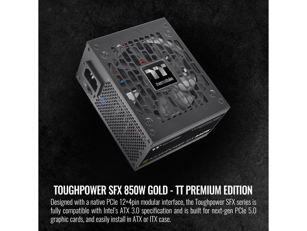 Thermaltake Toughpower SFX 850W 80+ Gold Full Modular SLI/Crossfire Ready (Compatible with ATX 3.0 Standard) Power Supply, PCIe Gen.5 450W 12VHPWR Connector Included, PS-STP-0850FNFAGU-1