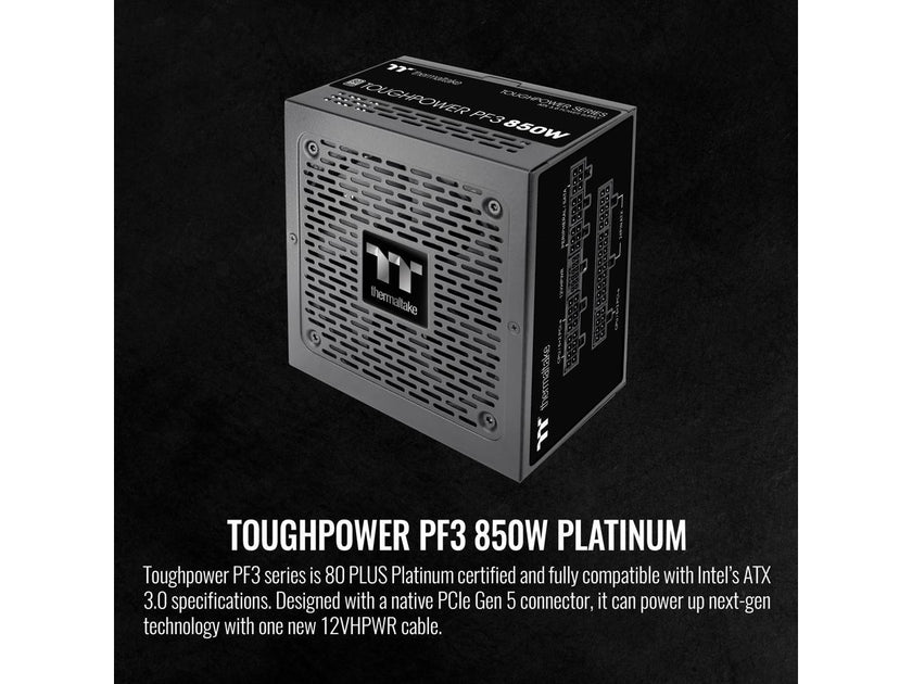 Thermaltake Toughpower PF3 850W 80+ Platinum ATX 3.0 (PCI-E 5.0 450W 12VHPWR Connector included) Full Modular SLI/Crossfire Ready Power Supply, PS-TPD-0850FNFAPU-L