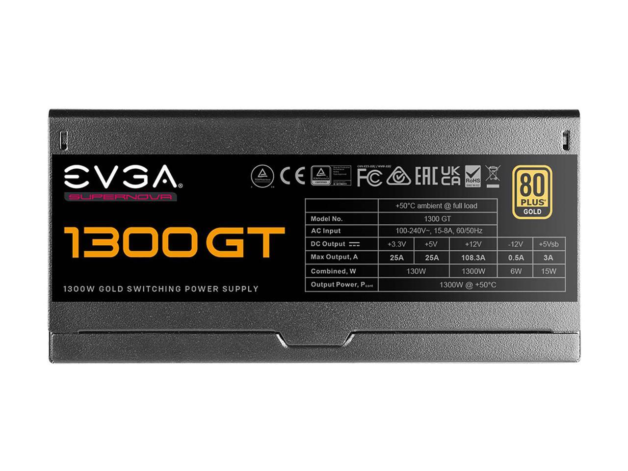 EVGA SuperNOVA 1300 GT, 80 Plus Gold 1300W, Fully Modular, Eco Mode with FDB Fan, 100% Japanese Capacitors, 10 Year Warranty, Includes Power ON Self Tester, Compact 180mm Size, 220-GT-1300-X1