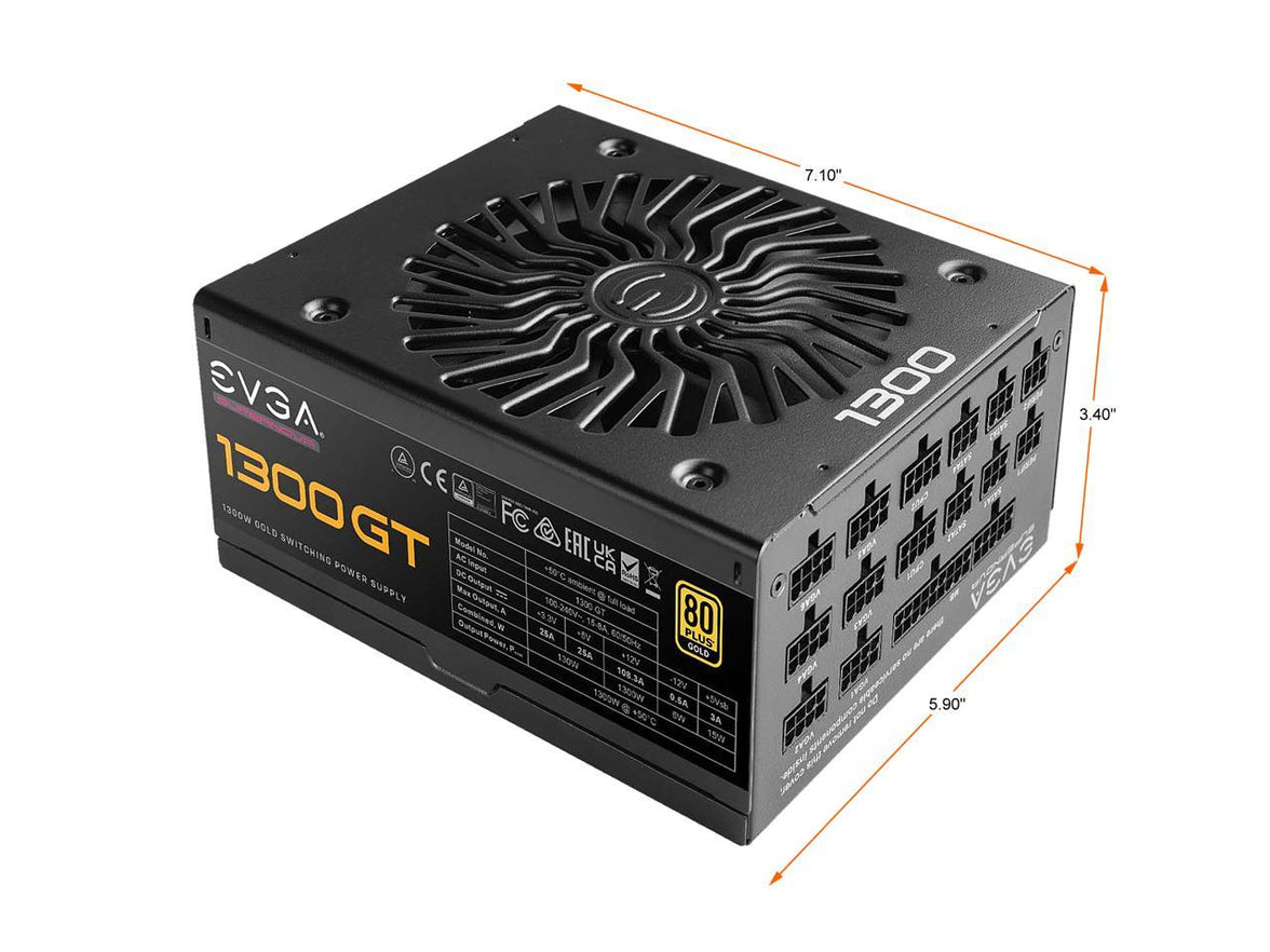 EVGA SuperNOVA 1300 GT, 80 Plus Gold 1300W, Fully Modular, Eco Mode with FDB Fan, 100% Japanese Capacitors, 10 Year Warranty, Includes Power ON Self Tester, Compact 180mm Size, 220-GT-1300-X1