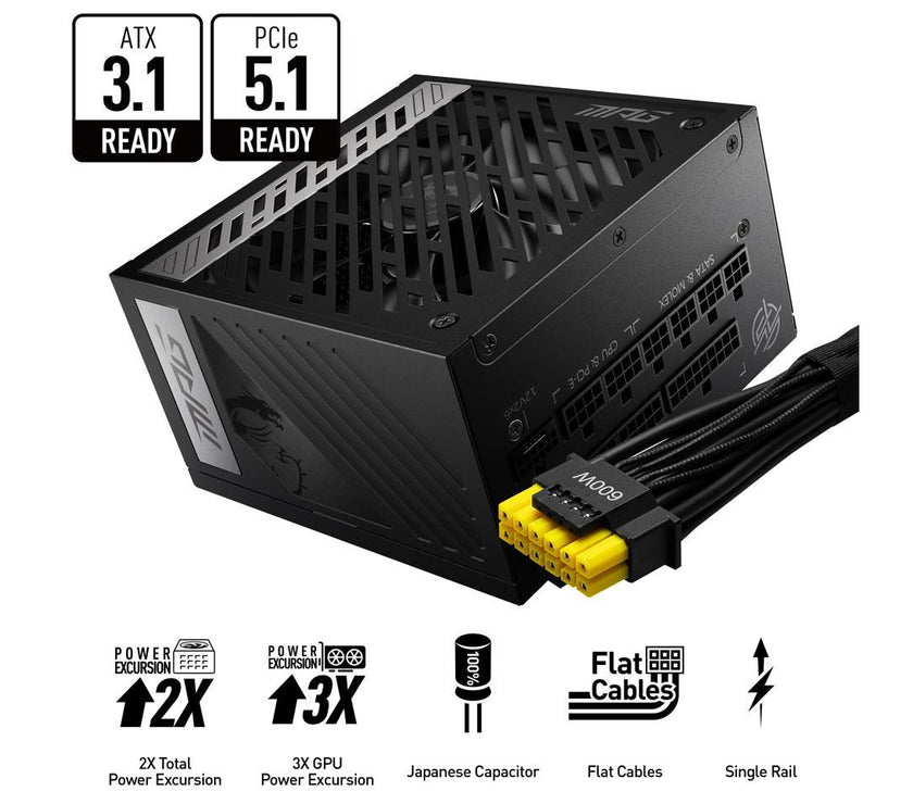 MSI - MPG A1000G PCIE 5.0, 80 GOLD Full Modular Gaming PSU, 12VHPWR Cable, 4080 4090 ATX 3.0 Compatible, 1000W Power Supply