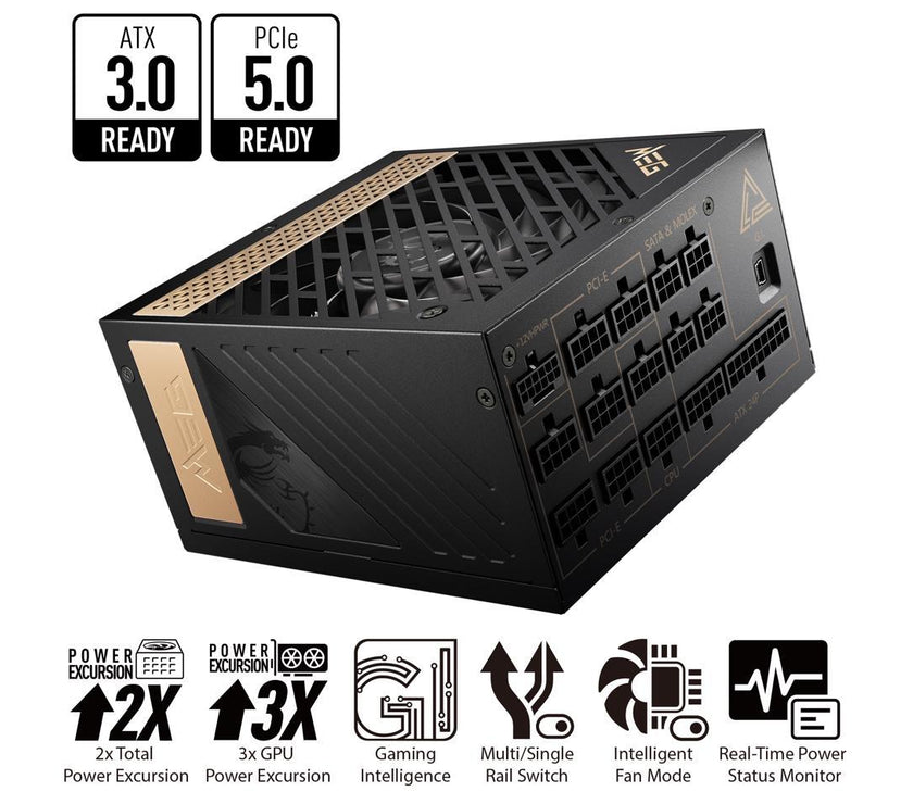 MSI - MEG Ai1300P PCIE 5.0, 80 PLATINUM Full Modular Gaming PSU, 12VHPWR Cable, 4080 4090 ATX 3.0 Compatible, 1300W Power Supply