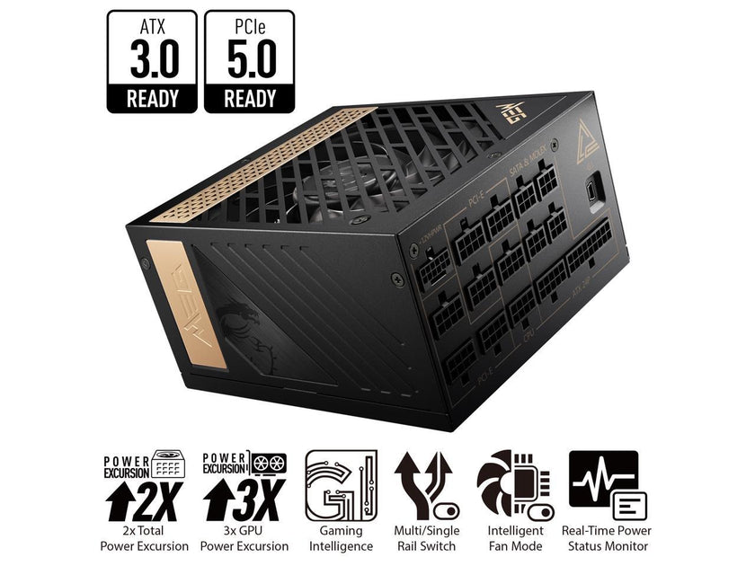 MSI - MEG Ai1300P PCIE 5.0, 80 PLATINUM Full Modular Gaming PSU, 12VHPWR Cable, 4080 4090 ATX 3.0 Compatible, 1300W Power Supply