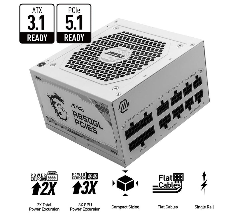 MSI MAG A850GL PCIE5 White, Fully-Modular, 80 Plus Gold, 850W Power Supply