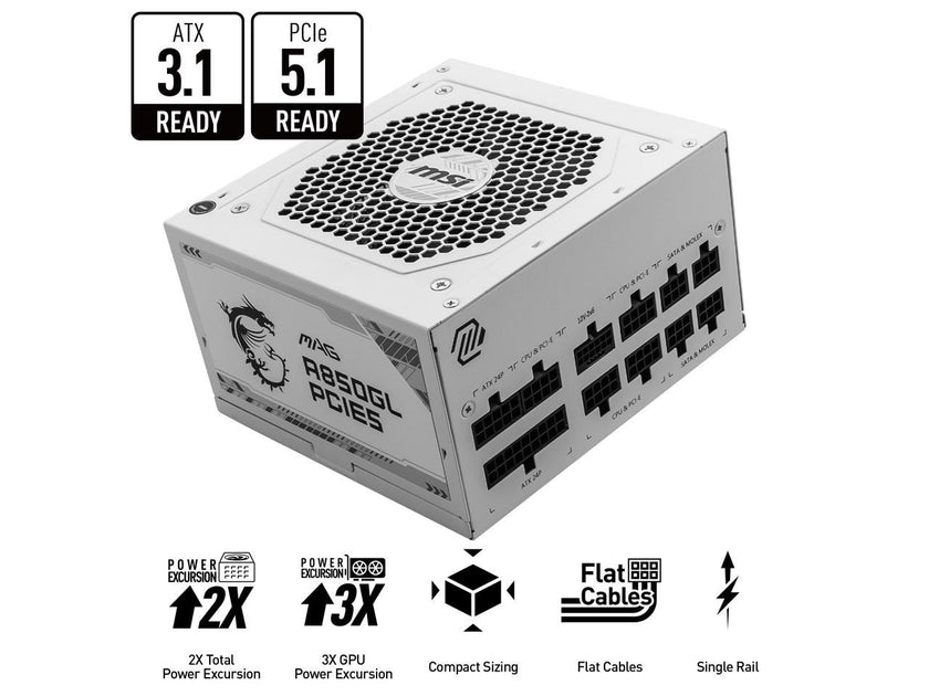 MSI MAG A850GL PCIE5 White, Fully-Modular, 80 Plus Gold, 850W Power Supply