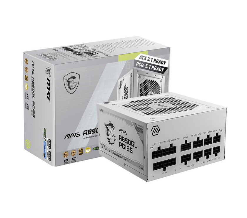 MSI MAG A850GL PCIE5 White, Fully-Modular, 80 Plus Gold, 850W Power Supply