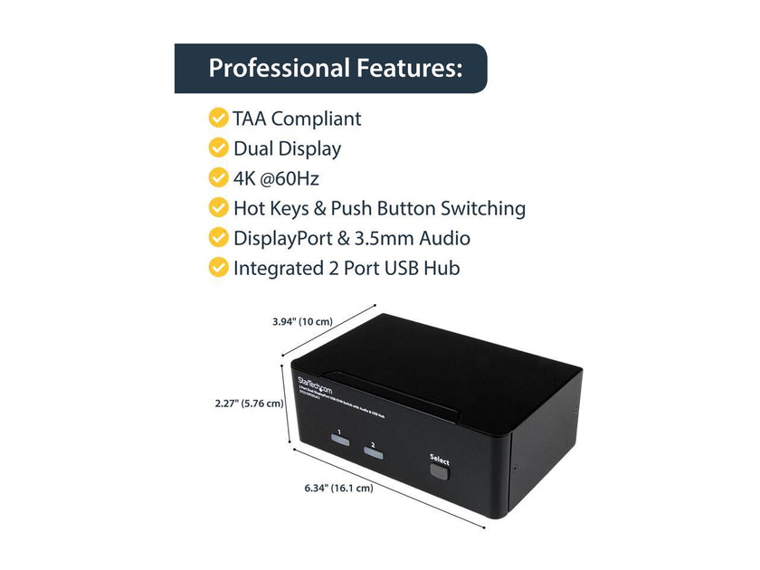 StarTech.com SV231DPDDUA2 2-Port DisplayPort Dual-Monitor KVM Switch - 4K 60Hz