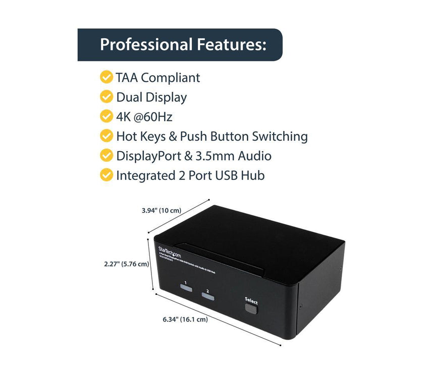 StarTech.com SV231DPDDUA2 2-Port DisplayPort Dual-Monitor KVM Switch - 4K 60Hz