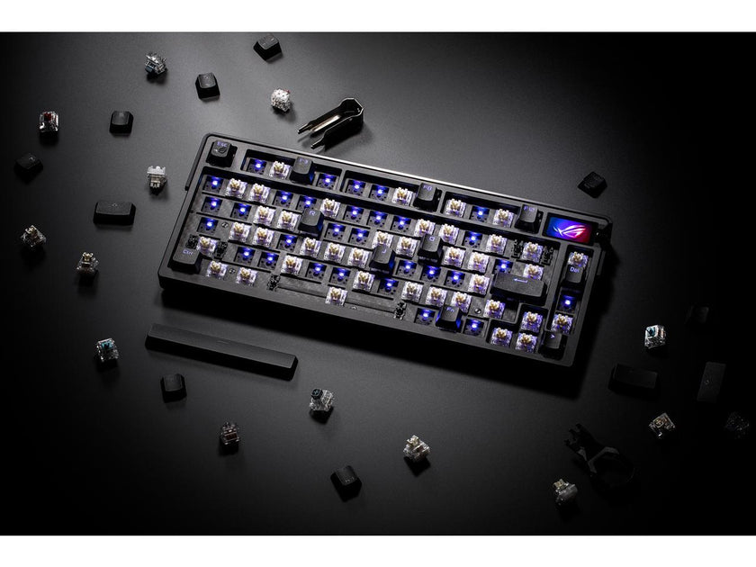 ASUS ROG Azoth Extreme 75 Custom Gaming Keyboard, Aluminum Chassis, Carbon Fiber Positioning Plate, Adjustable Gasket Mount, 3-Layer Dampening, Color OLED Touchscreen, ROG NX Snow Switches, PBT Keycaps