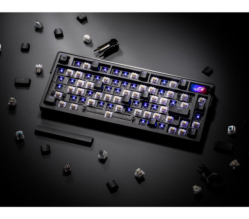 ASUS ROG Azoth Extreme 75 Custom Gaming Keyboard, Aluminum Chassis, Carbon Fiber Positioning Plate, Adjustable Gasket Mount, 3-Layer Dampening, Color OLED Touchscreen, ROG NX Snow Switches, PBT Keycaps