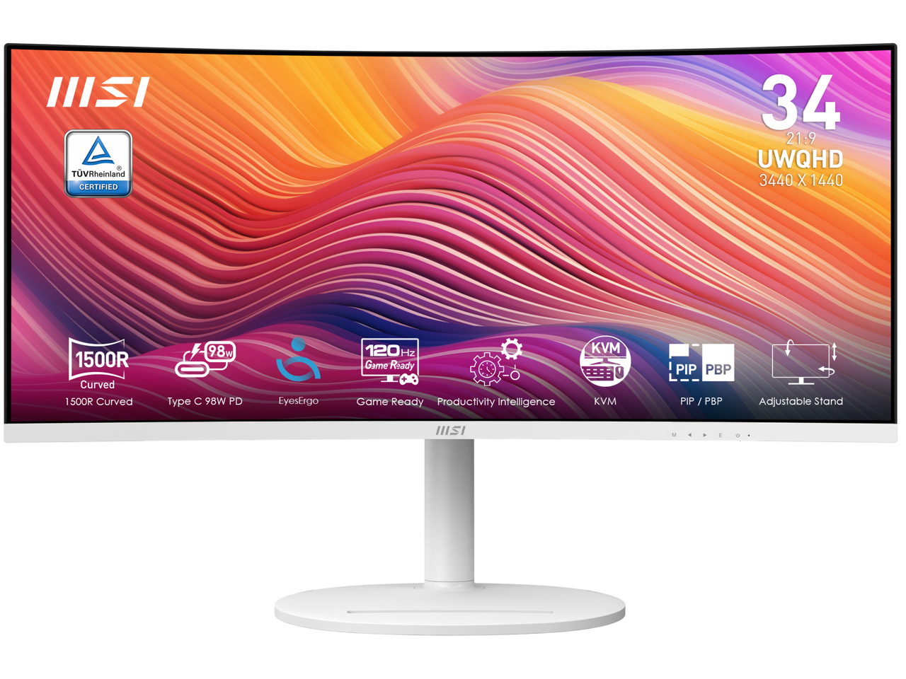 MSI 34" 120 Hz VA UWQHD Monitor 1ms (MPRT) / 4ms (GTG) Adaptive-Sync 3440 x 1440 Adobe RGB / DCI-P3 / sRGB: 92% / 95% / 119% Curved Modern MD342CQPW