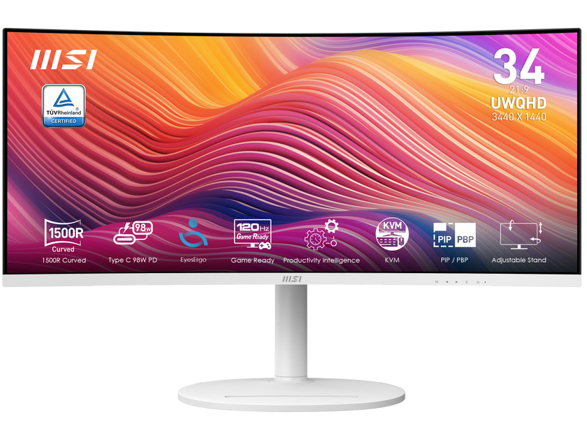 MSI 34" 120 Hz VA UWQHD Monitor 1ms (MPRT) / 4ms (GTG) Adaptive-Sync 3440 x 1440 Adobe RGB / DCI-P3 / sRGB: 92% / 95% / 119% Curved Modern MD342CQPW