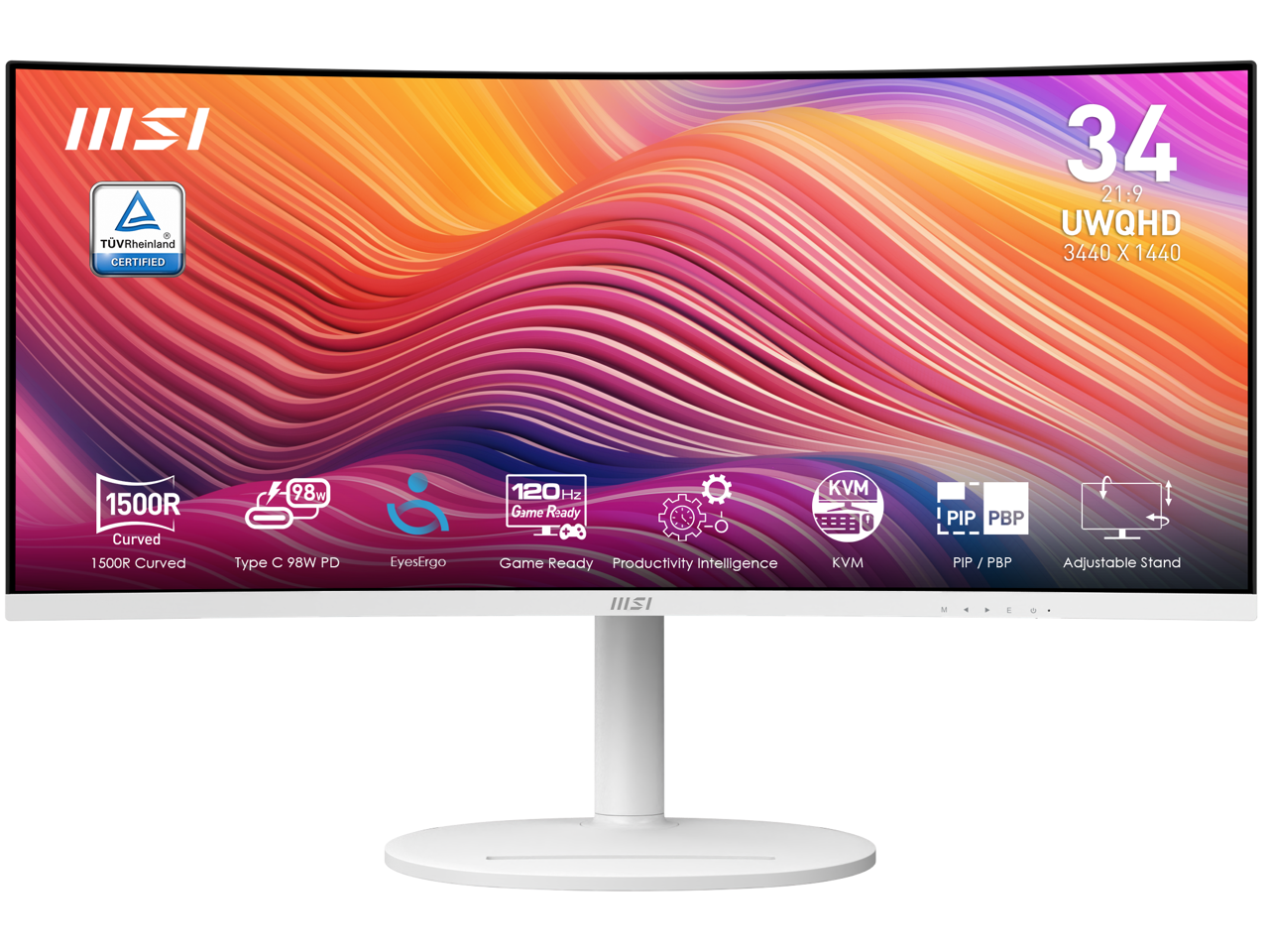 MSI 34" 120 Hz VA UWQHD Monitor 1ms (MPRT) / 4ms (GTG) Adaptive-Sync 3440 x 1440 Adobe RGB / DCI-P3 / sRGB: 92% / 95% / 119% Curved Modern MD342CQPW