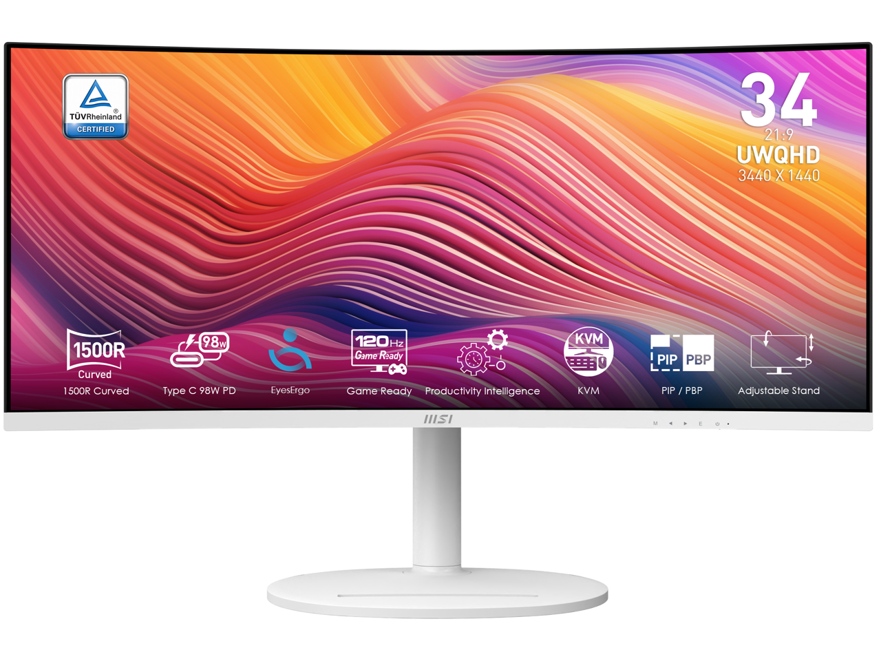 MSI 34" 120 Hz VA UWQHD Monitor 1ms (MPRT) / 4ms (GTG) Adaptive-Sync 3440 x 1440 Adobe RGB / DCI-P3 / sRGB: 92% / 95% / 119% Curved Modern MD342CQPW