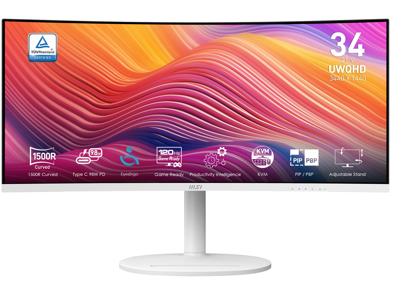 MSI 34" 120 Hz VA UWQHD Monitor 1ms (MPRT) / 4ms (GTG) Adaptive-Sync 3440 x 1440 Adobe RGB / DCI-P3 / sRGB: 92% / 95% / 119% Curved Modern MD342CQPW