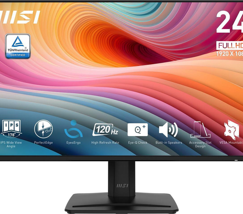 MSI PRO MP242A E2 24-inch IPS 1920 x 1080 (FHD) Gaming Office Monitor, 120Hz, Adaptive-Synch, HDR Ready, HDMI, VGA Port, Display Port,VESA Mountable, Tilt, Speaker, 4-side slim bezel ,1ms, Black