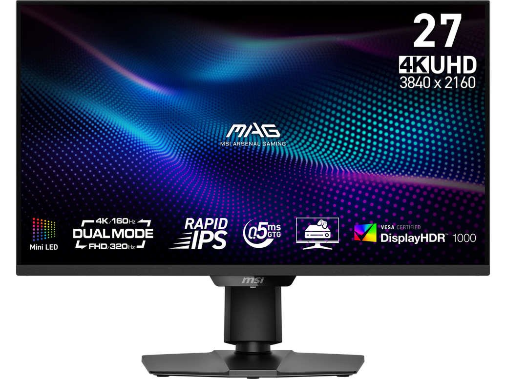 MSI MAG 274UPDF E16M 27" 4K UHD Mini-LED Gaming Monitor 3840x2160 160Hz 0.5ms HDR1000 Dual Mode 1080p 320Hz FreeSync Premium G-SYNC Compatible Quantum Dot Type-C 15W PD HDMI 2.1 VESA Adjustable