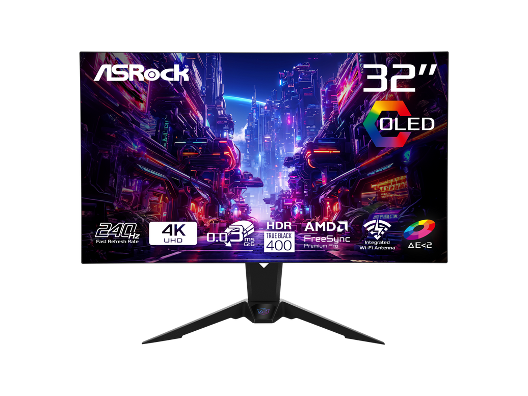 ASRock Phantom Gaming Monitor 31.5" 240Hz 4K/UHD (3840x2160) Flat WOLED, 0.03ms (GTG), 99% DCI-P3 / 132% sRGB Color Space, 2 x HDMI 2.1, 2 x DisplayPort 1.4, 3 x USB, PGO32UFS