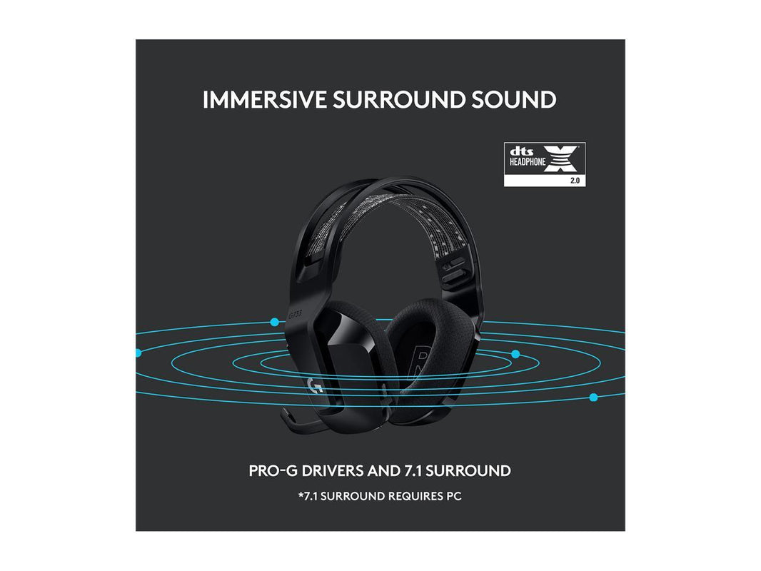 Logitech G733 Lightspeed Wireless Gaming Headset with Suspension Headband, Lightsync RGB, Blue VO!CE mic technology and PRO-G audio drivers - Black