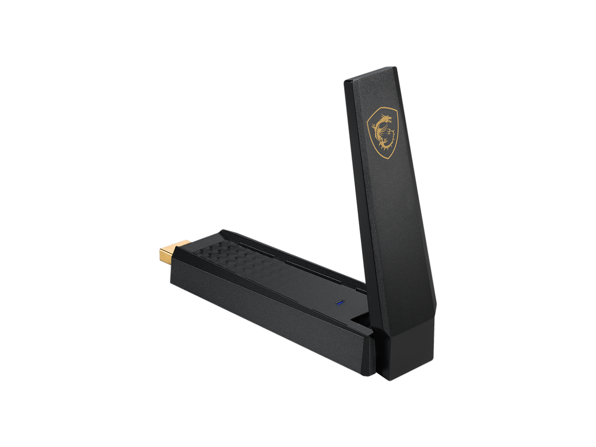 MSI AXE5400 WiFi 6Tri-Band USB Adapter - WLAN up to 5400 Mbps (6Ghz, 5GHz, 2.4GHz Wireless), USB 3.2 Gen 1 Type-A, MU-MIMO, Adjustable Antenna, Beamforming, WPA3 - Wired Bracket Included