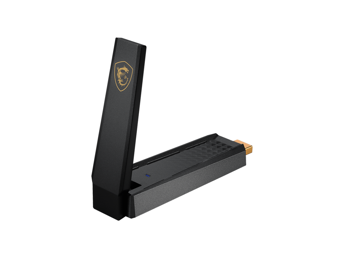 MSI AXE5400 WiFi 6Tri-Band USB Adapter - WLAN up to 5400 Mbps (6Ghz, 5GHz, 2.4GHz Wireless), USB 3.2 Gen 1 Type-A, MU-MIMO, Adjustable Antenna, Beamforming, WPA3 - Wired Bracket Included