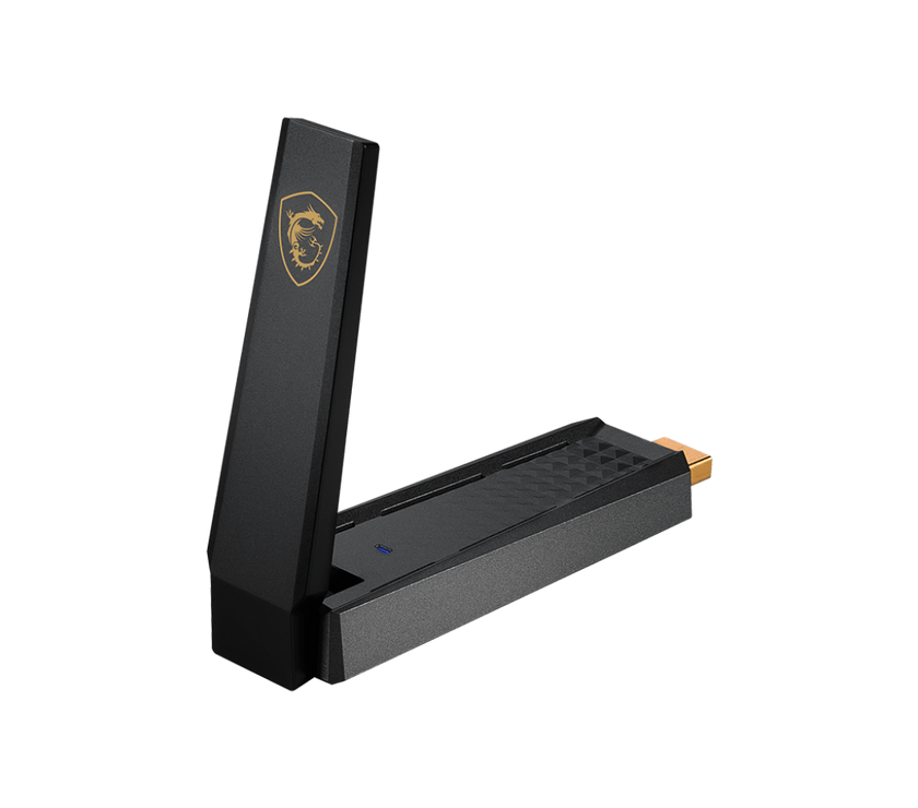 MSI AXE5400 WiFi 6Tri-Band USB Adapter - WLAN up to 5400 Mbps (6Ghz, 5GHz, 2.4GHz Wireless), USB 3.2 Gen 1 Type-A, MU-MIMO, Adjustable Antenna, Beamforming, WPA3 - Wired Bracket Included