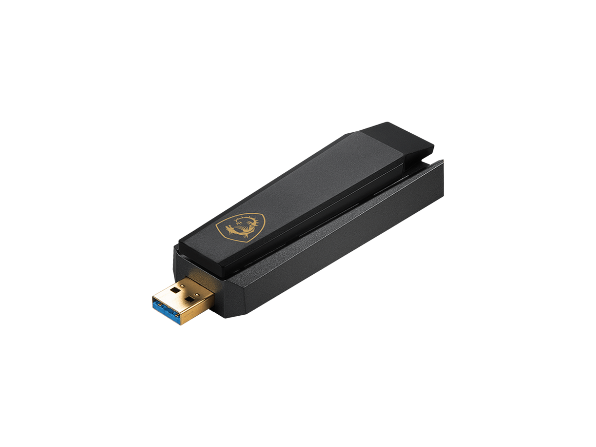 MSI AXE5400 WiFi 6Tri-Band USB Adapter - WLAN up to 5400 Mbps (6Ghz, 5GHz, 2.4GHz Wireless), USB 3.2 Gen 1 Type-A, MU-MIMO, Adjustable Antenna, Beamforming, WPA3 - Wired Bracket Included