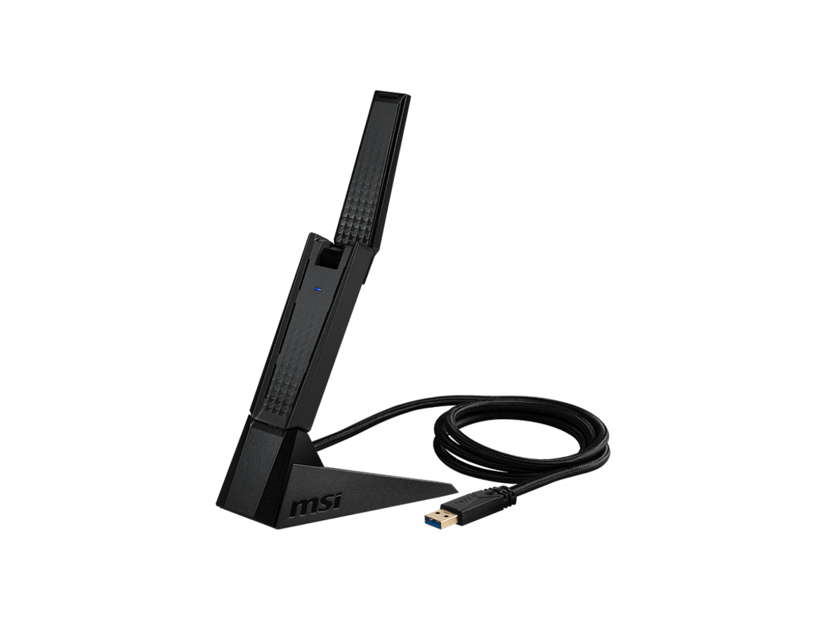 MSI AXE5400 WiFi 6Tri-Band USB Adapter - WLAN up to 5400 Mbps (6Ghz, 5GHz, 2.4GHz Wireless), USB 3.2 Gen 1 Type-A, MU-MIMO, Adjustable Antenna, Beamforming, WPA3 - Wired Bracket Included