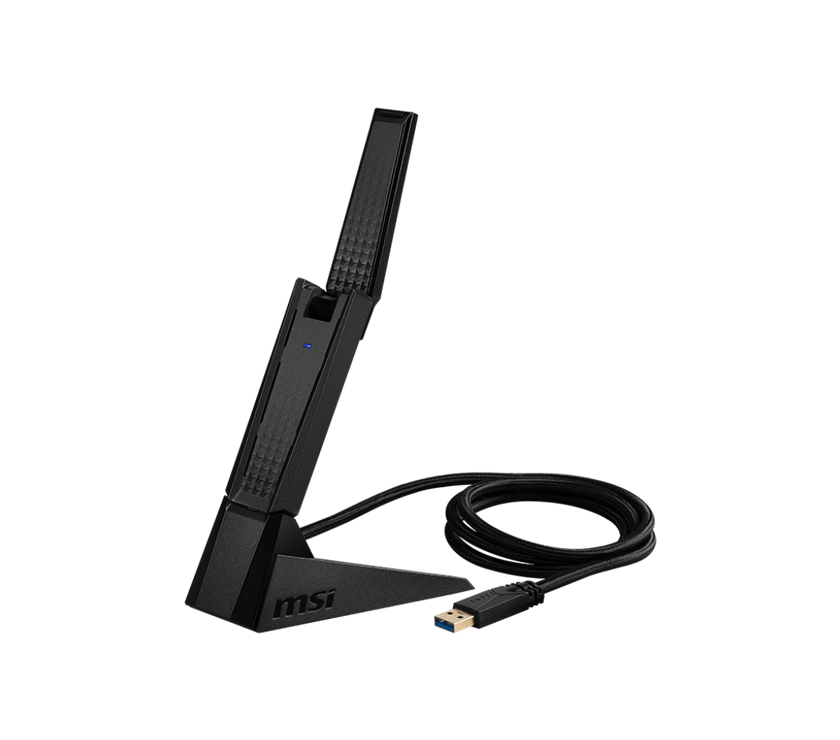 MSI AXE5400 WiFi 6Tri-Band USB Adapter - WLAN up to 5400 Mbps (6Ghz, 5GHz, 2.4GHz Wireless), USB 3.2 Gen 1 Type-A, MU-MIMO, Adjustable Antenna, Beamforming, WPA3 - Wired Bracket Included