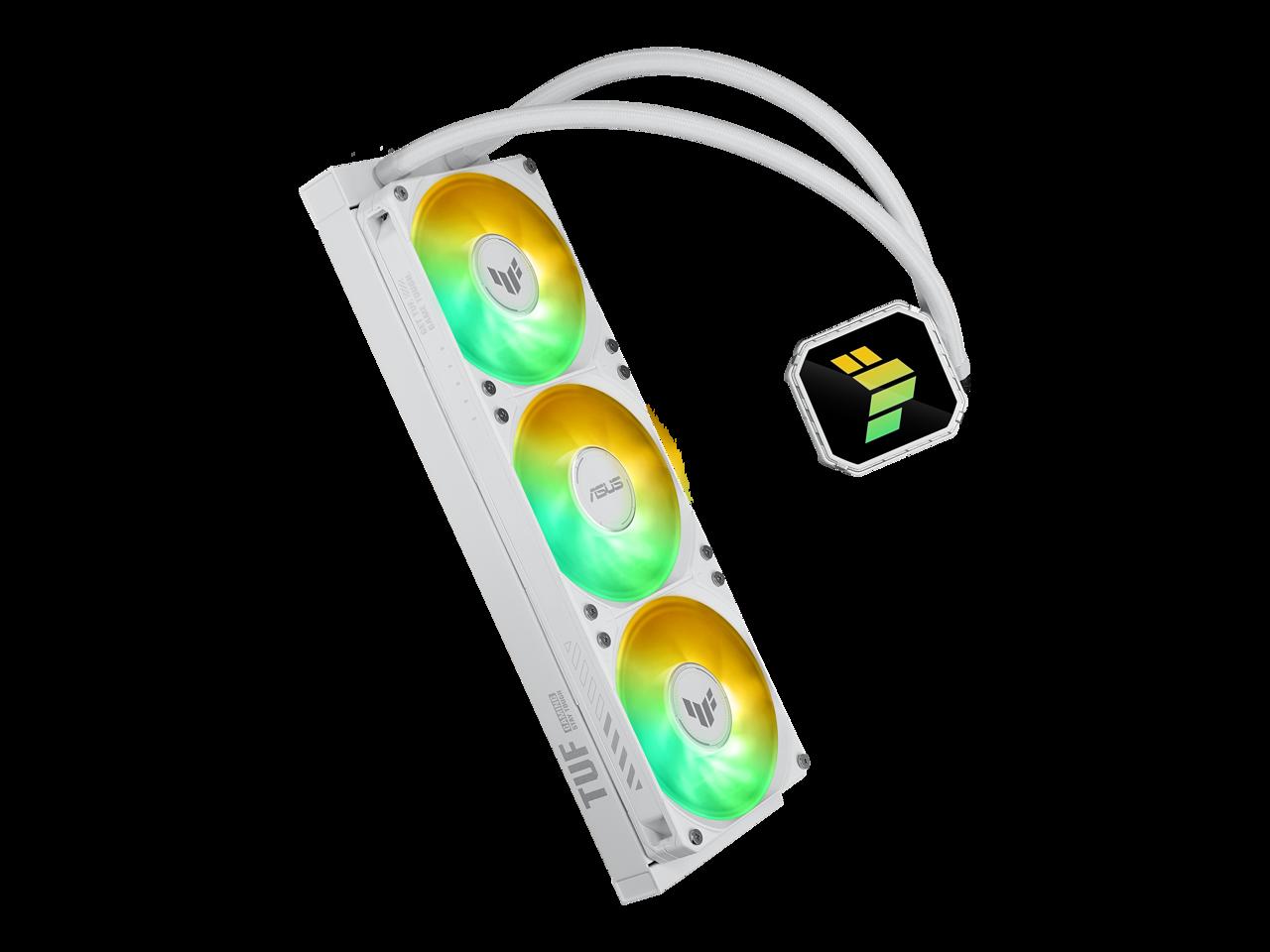 ASUS TUF Gaming LC III 360 ARGB White AIO cooler with pre-installed triple fans designed for high airflow and static pressure, plus an efficient pump to keep CPU temperatures under control