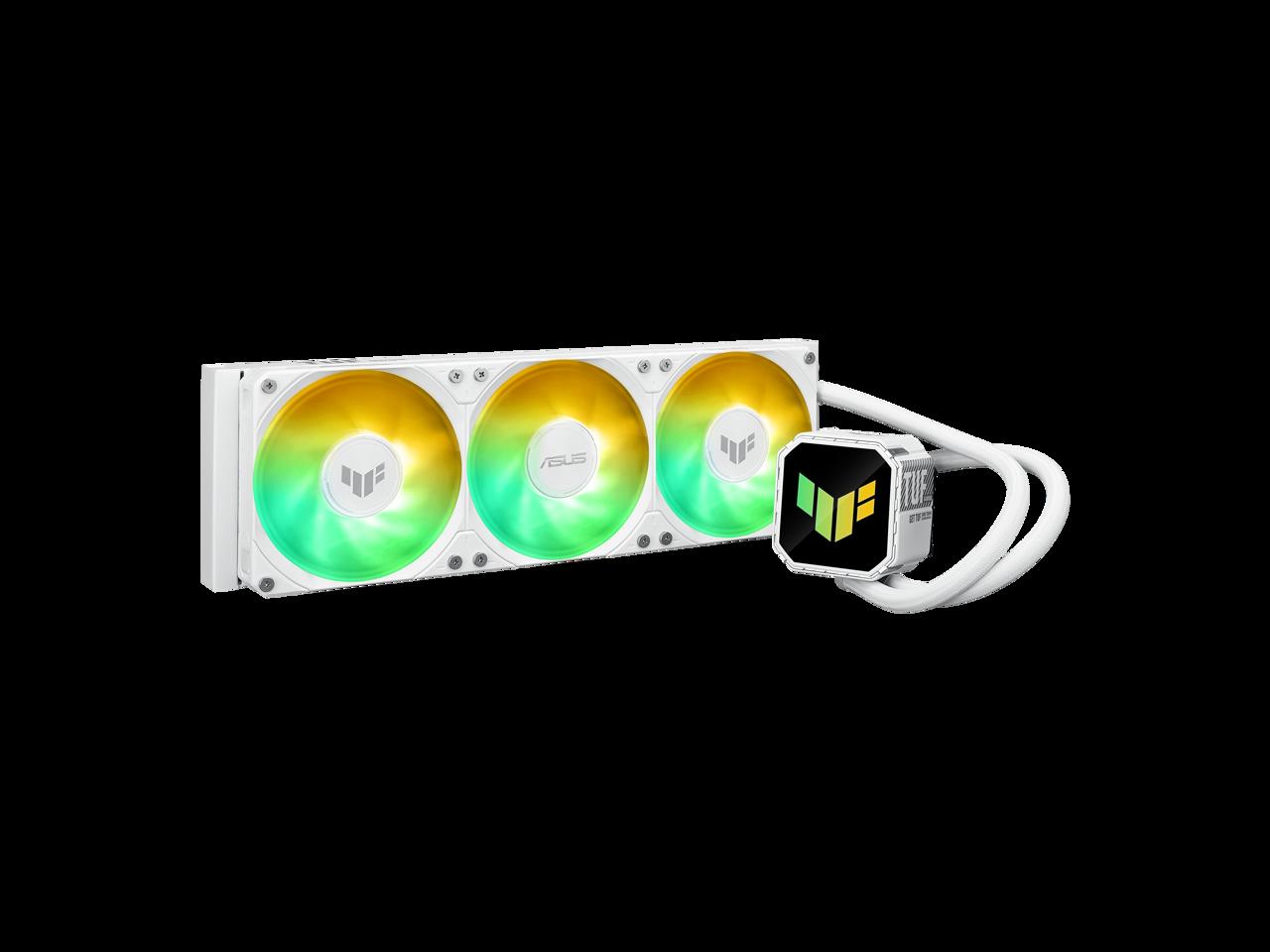 ASUS TUF Gaming LC III 360 ARGB White AIO cooler with pre-installed triple fans designed for high airflow and static pressure, plus an efficient pump to keep CPU temperatures under control